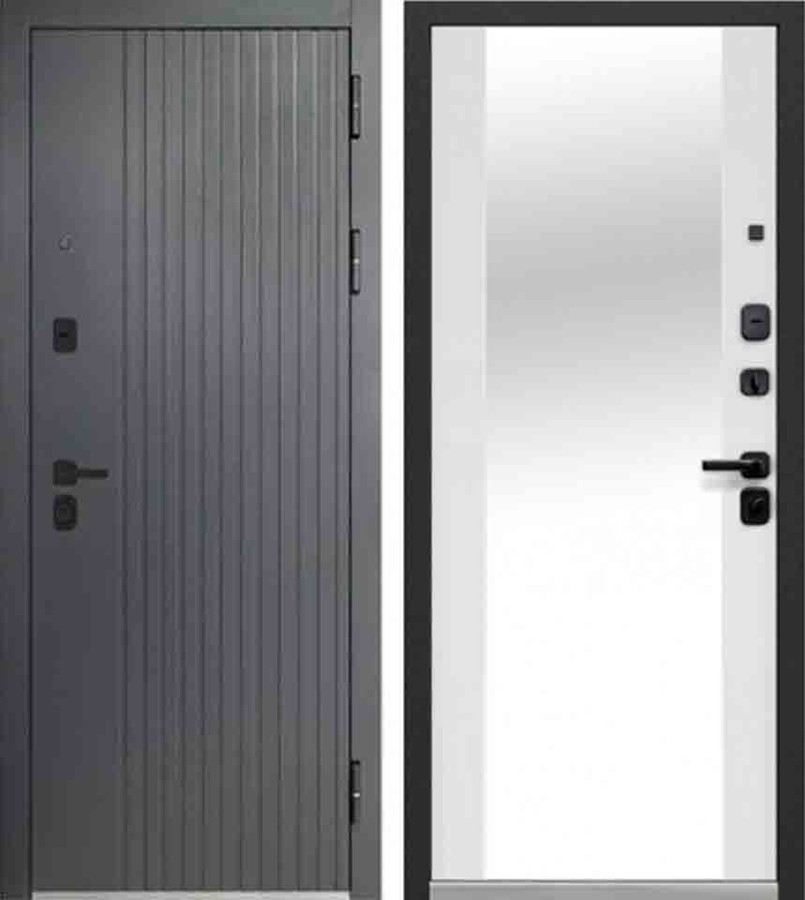 Входная дверь Luxor 2МДФ Вертикаль, МДФ-панель 12 мм Сатин графит/МДФ-панель 10 мм Эмалит белый, зеркало