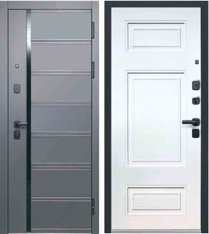 Входная дверь Luxor 2МДФ Куб Нео Сатин графит/МДФ-панель 10 мм Эмалит белый, вставка черный лакобель