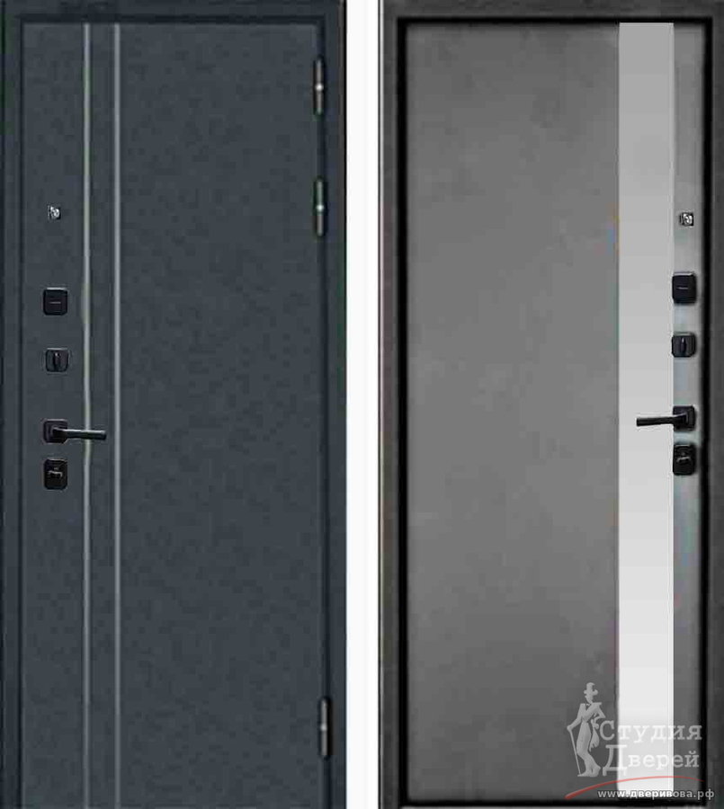 Стальная дверь TRAST MASS MP D5/SI-3 МДФ 16мм Бетон серый стеклро Matelac Silver, Черный муар металлик