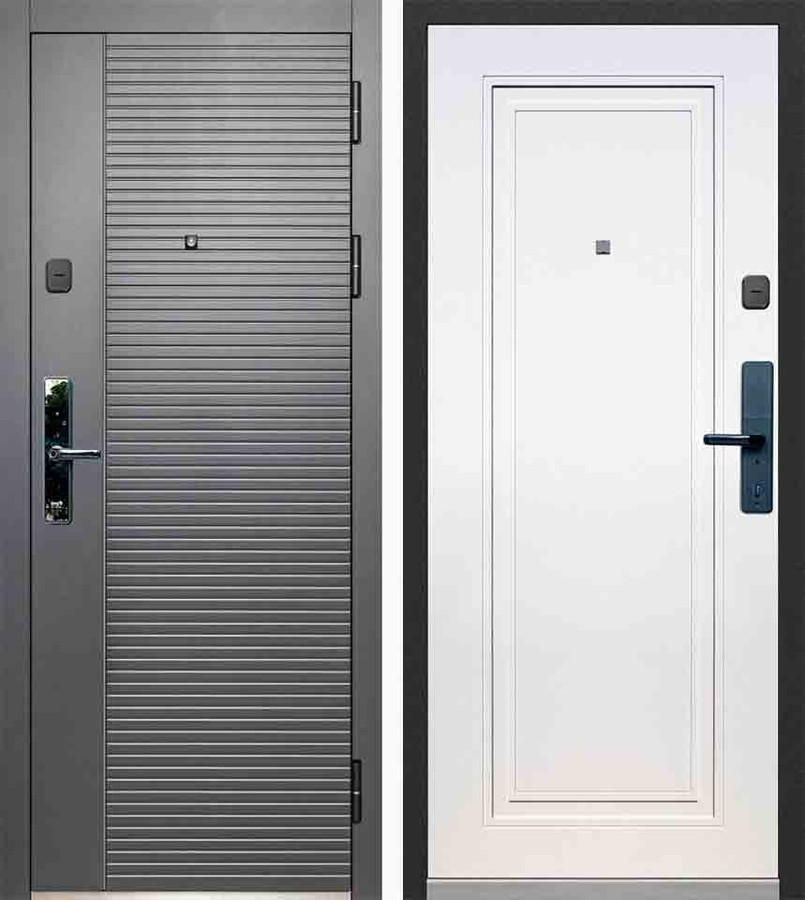 Входная дверь ТАЙГА-Е 9 см 2 Фрезерованная МДФ-панель 10 мм, Сатин графит/Фрезерованная МДФ-панель 10 мм, Эмалит белый, электронный замок